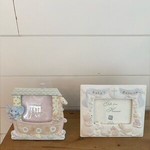 2 Porcelain Baby Picture Frames Baptism Noah's Ark Religious Themed Keepsake